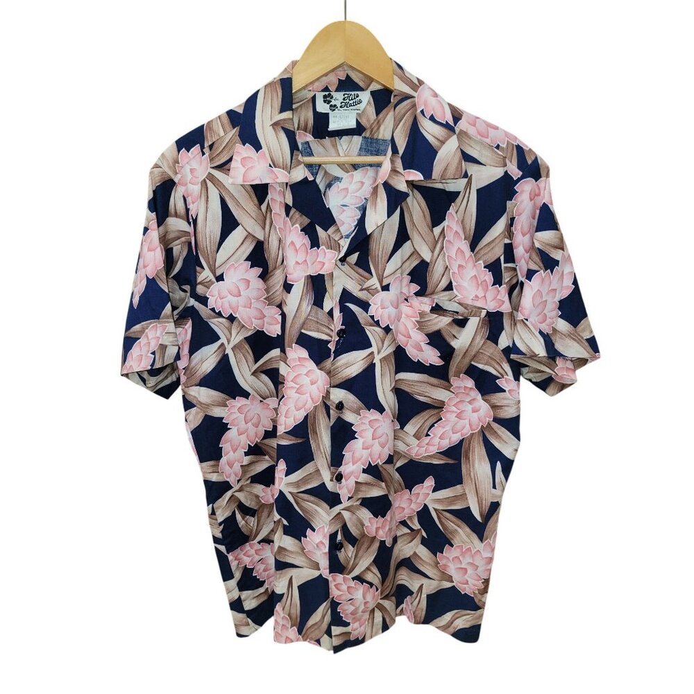 Hilo Hattie Hawaiian Shirt Large Floral Pink & Brown 100% Cotton Short Sleeve